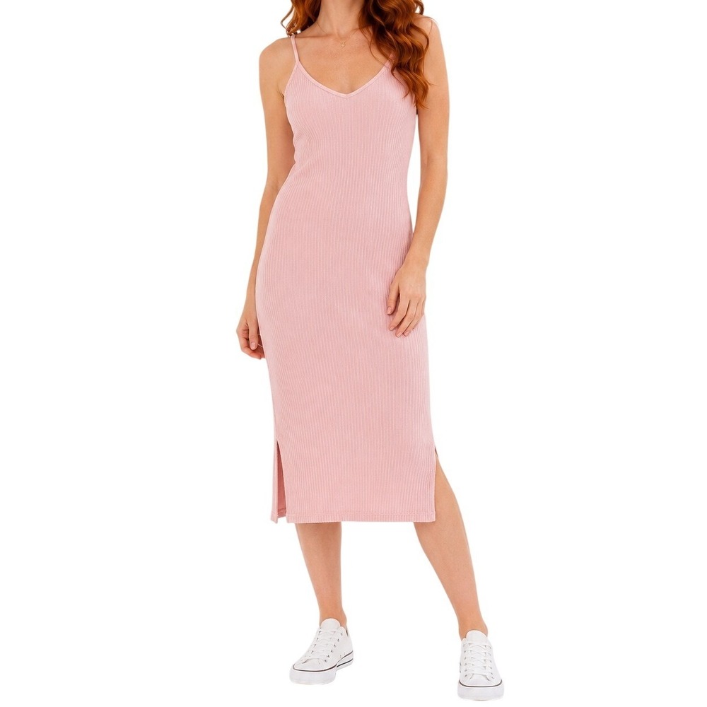 STREETWEAR SOCIETY‎ Midi Ribbed Dress Sz Small Pink Knit Slit Strappy Minimalist